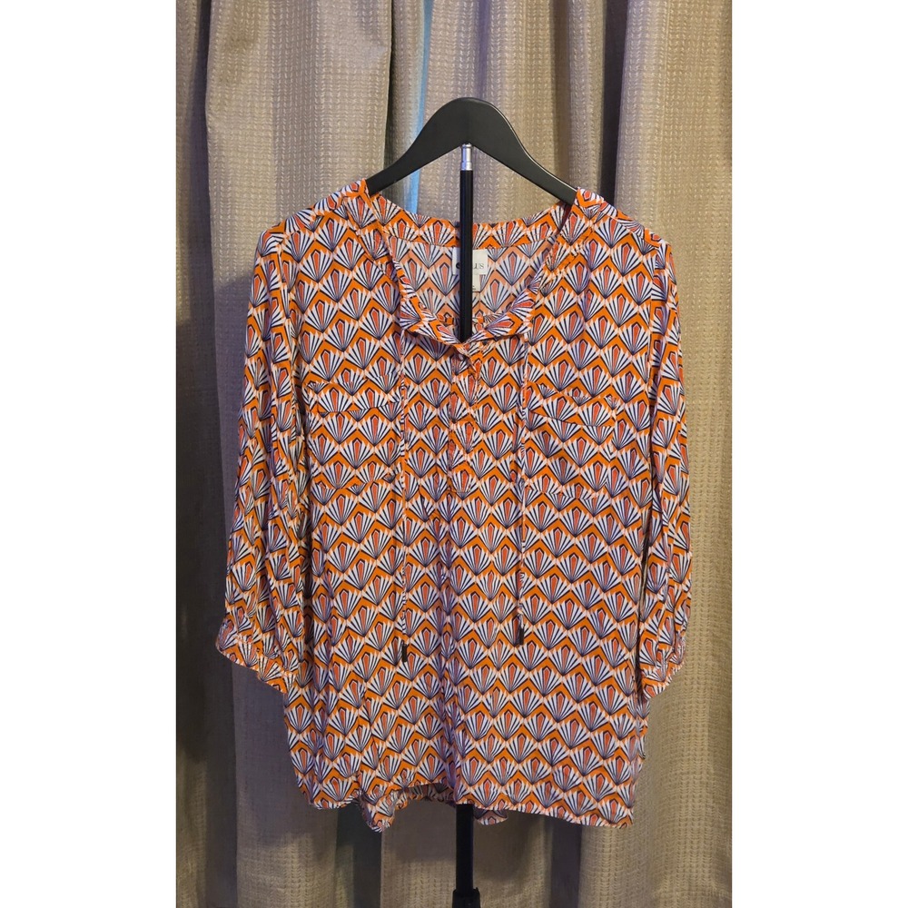 Stylus Geometric Fan Pattern High Low 3/4 Sleeve Blouse‎ Women's Size XL